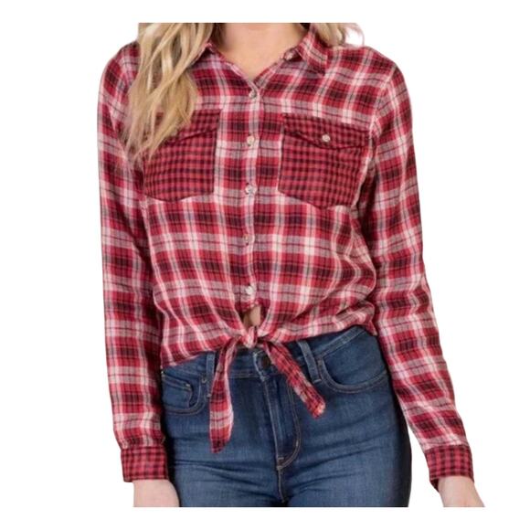 NWT Francesca's Dizzy Gal Red, Black & White Plaid Button Shirt - Picture 3 of 10